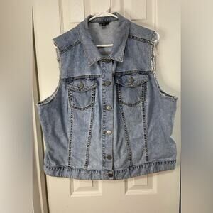 ANA Light Blue Denim Frayed Arm Edgy Biker Vest Size 1X